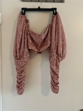 Ladies Missguided Sequin Ruched Two-Piece Set Light Pink